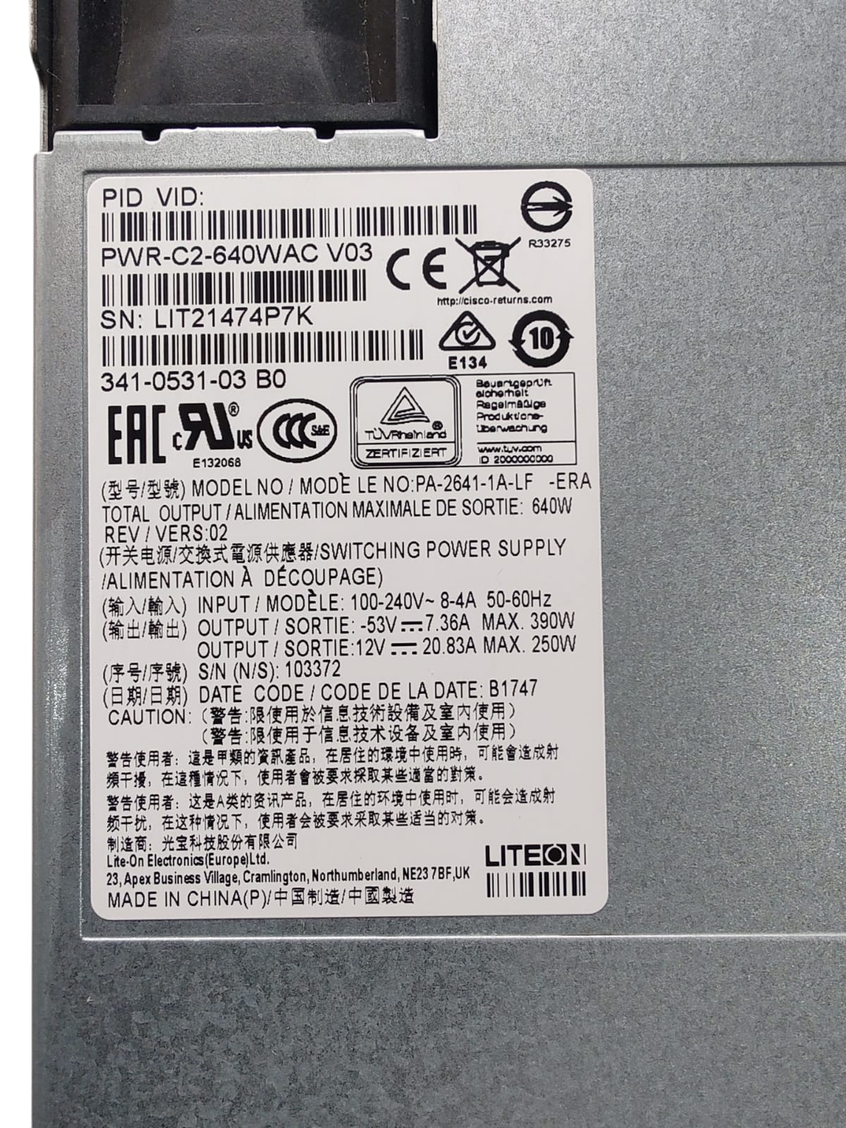 Cisco PWR-C2-640WAC Fuente de poder Catalyst 3650 Series 640W AC
