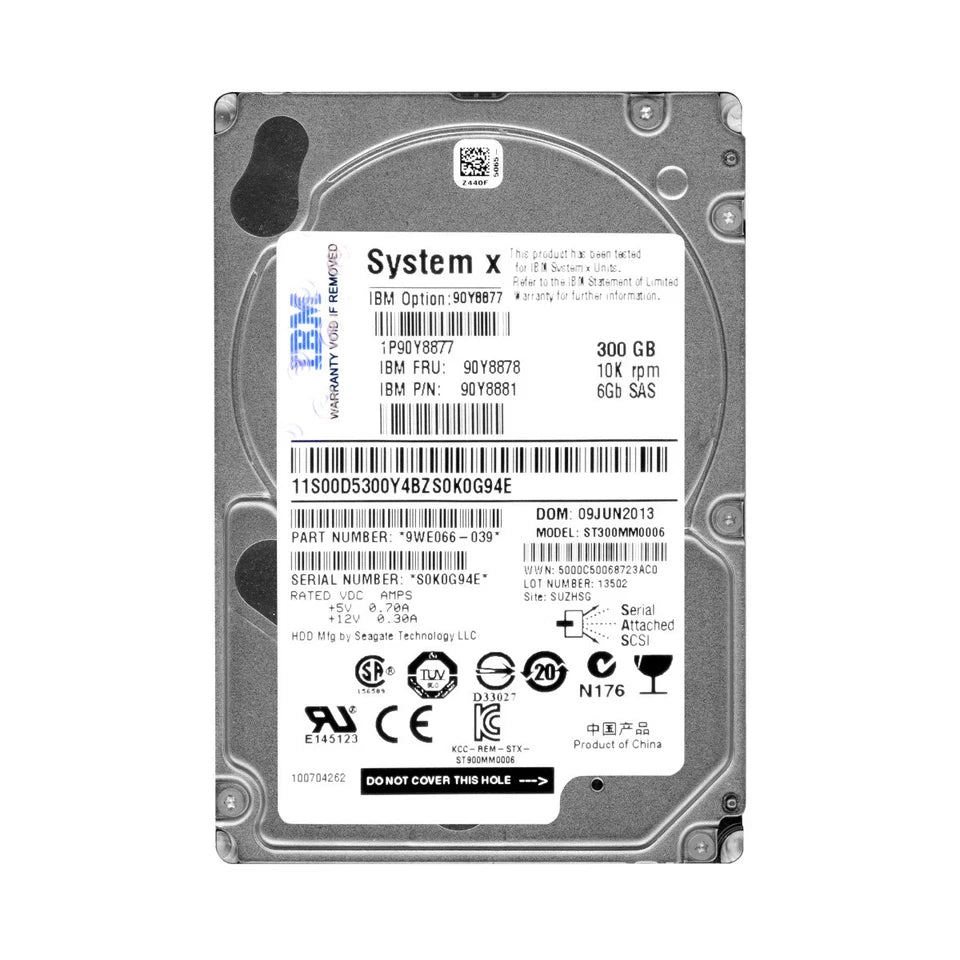 90Y8878 90Y8881 IBM 300GB 10K RPM 6Gb/s 2.5" SAS Hard Drive